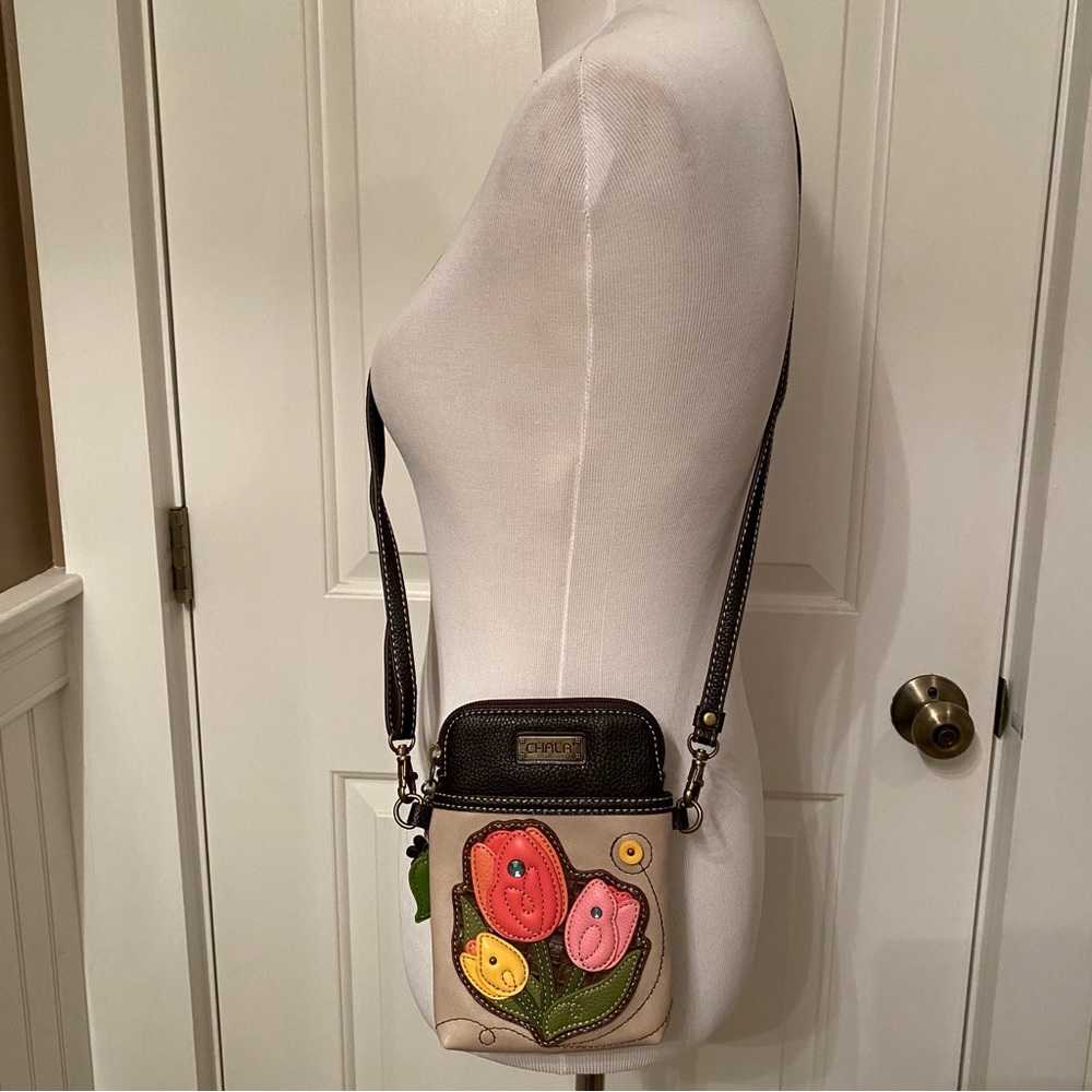 CHALA BAG CROSSBODY BROWN CREAM VEGAN FAUX LEATHER PINK FLOWERS ZIP TOP 2 STRAPS